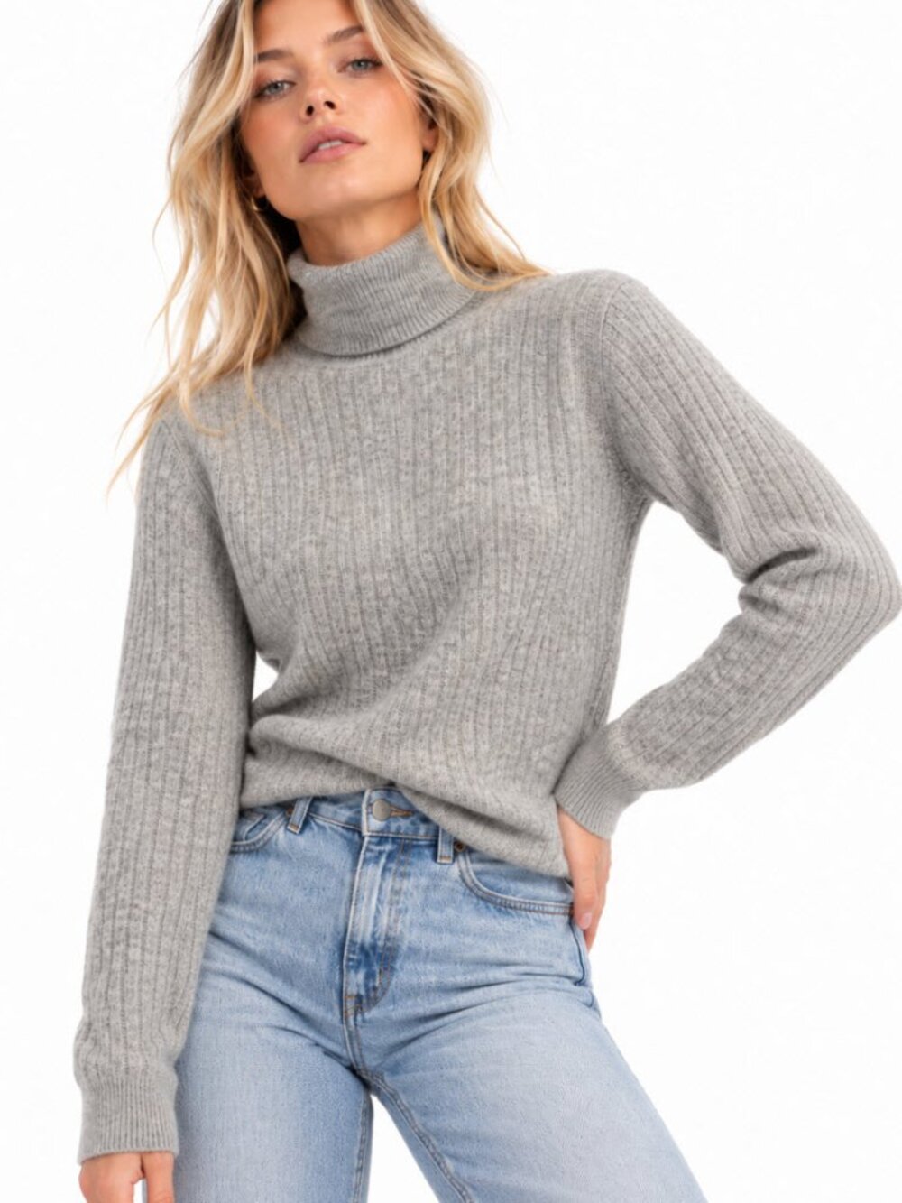 CLOSED Grey Wool Cashmere Ribbed Turtleneck Sweater Medium Quiet Luxury Preppy